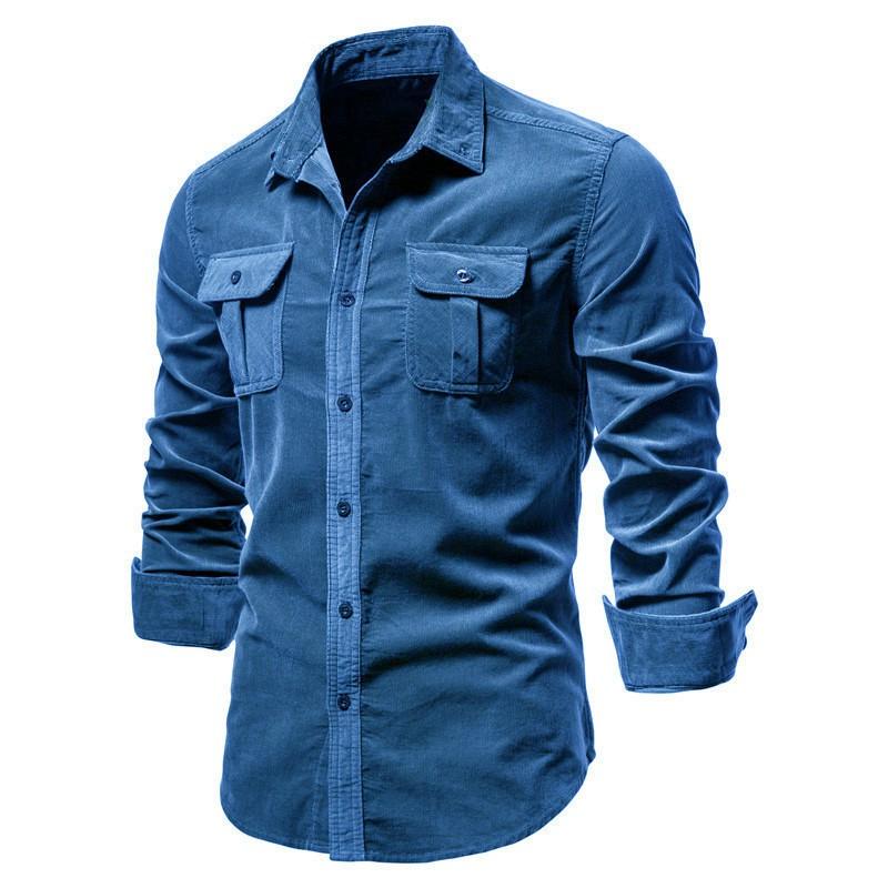 Mens Slim Fit Corduroy Shirt Cotton Casual Business Long Sleeve Pure Color