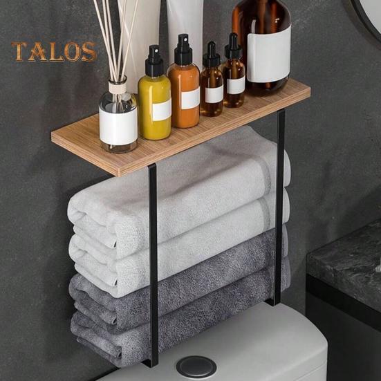 Настенный держатель для полотенец с деревянной полкой, прочный, несущий, простой в установке, многофункциональный держатель для хранения полотенец в ванной комнате