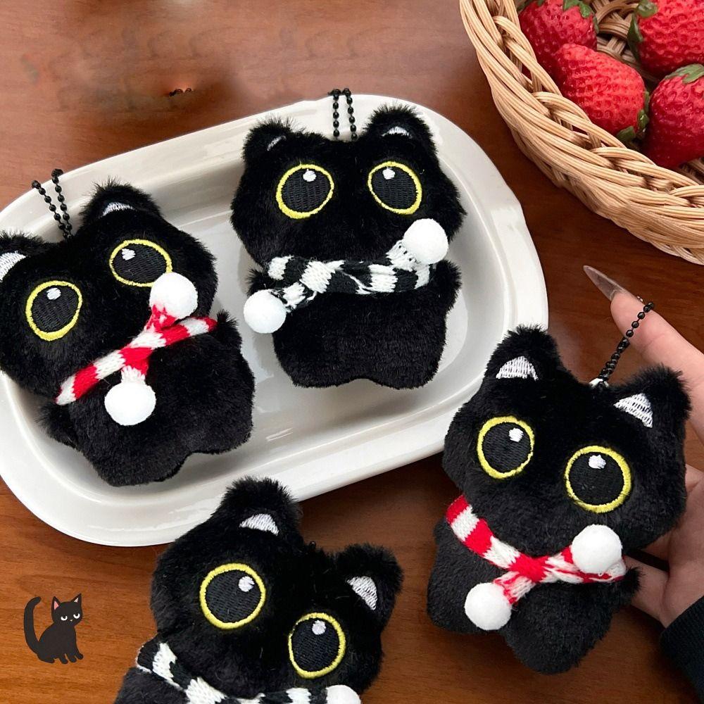 Chirping Squeeze Plush Keychain Cartoon Plush Stuffed Toys Squeak Scarf Black Cat Pendant  Couple