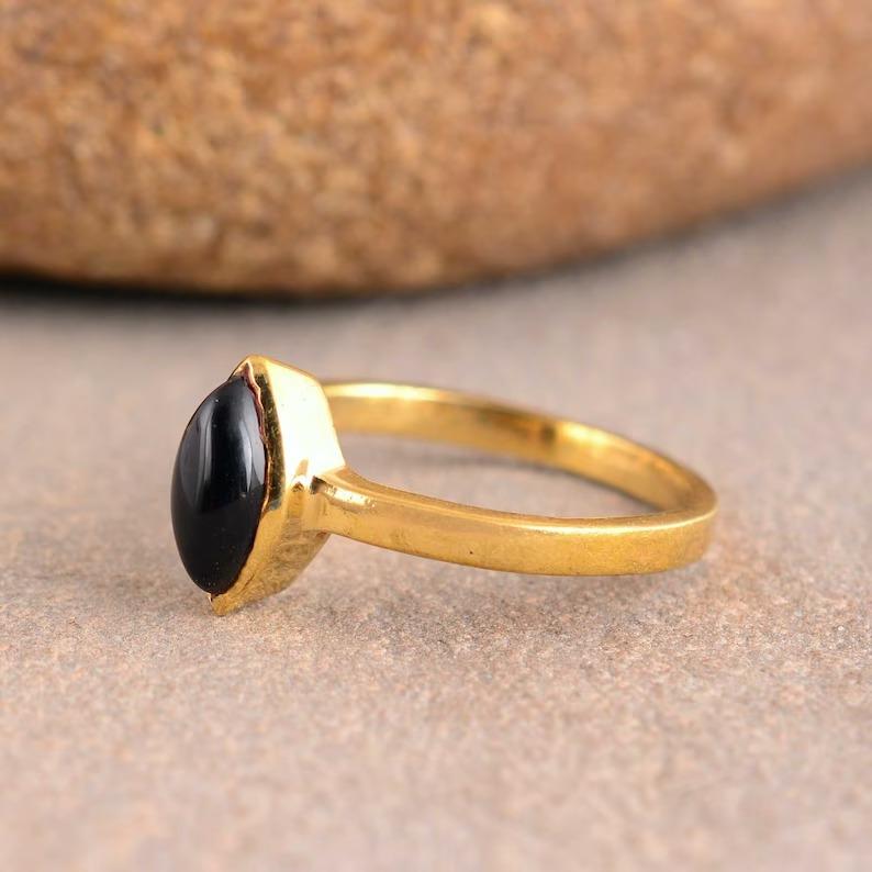 Black Onyx Gemstone Solid 925 Sterling Silver Marquise Gemstone Handmade Designer Yellow Gold Ring For Women