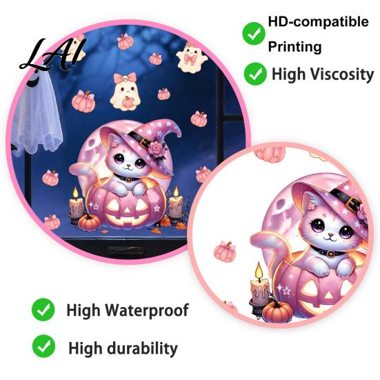 Decorative Party Backgrounds Pink Purple Halloween Static Window Clings Cute Milk Tea Ghost Witch Indoor Outdoor Glass Stickers Cat Decals