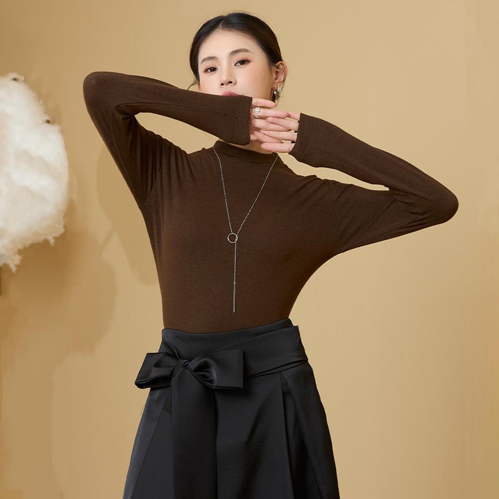 Women's Tencel Wool Acetate High Elastic Stand Collar Slim Fit Long Sleeve Base Layer Top for Autumn/Winter Warmth.