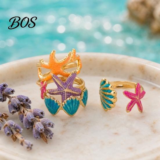 Stacking Rings 4Pcs/Set Ocean Series Ring Set, Multiple Styles Starfish Shell Design Alloy Adjustable Finger Ring, for Jewelry Gift
