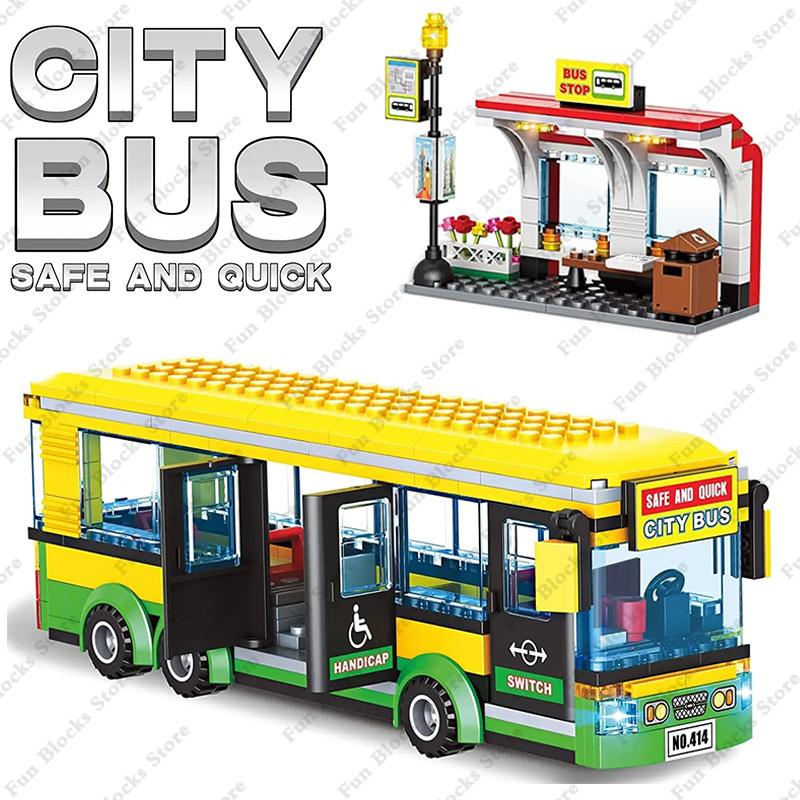 Hot City Car Yellow Passenger School Bus Station Public Vehicle Sets Figures Bricks Model Building Blocks Diy Toys For Boys Gift