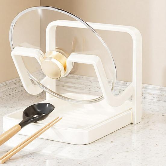 Yousheng Настольный органайзер для крышек от кастрюль, подставка для хранения крышек от сковородок со съемным поддоном для капель и подставкой для ложки, органайзер для кухонной столешницы во время приготовления пищи для крышек