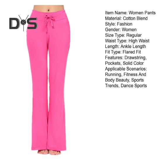 Женские расклешенные брюки с карманами, эластичный пояс, регулируемый шнурок, однотонные повседневные брюки для отдыха на каждый день