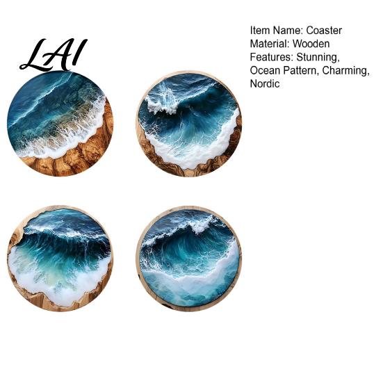 Handcrafted Wood Coaster Set 4 Pcs Wooden Coasters Ocean Wave Design Heat Resistant Round Anti Deformation Mats Decorative Drink for Coffee