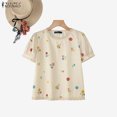 Женская повседневная блузка с цветочным принтом, круглым вырезом и короткими рукавами