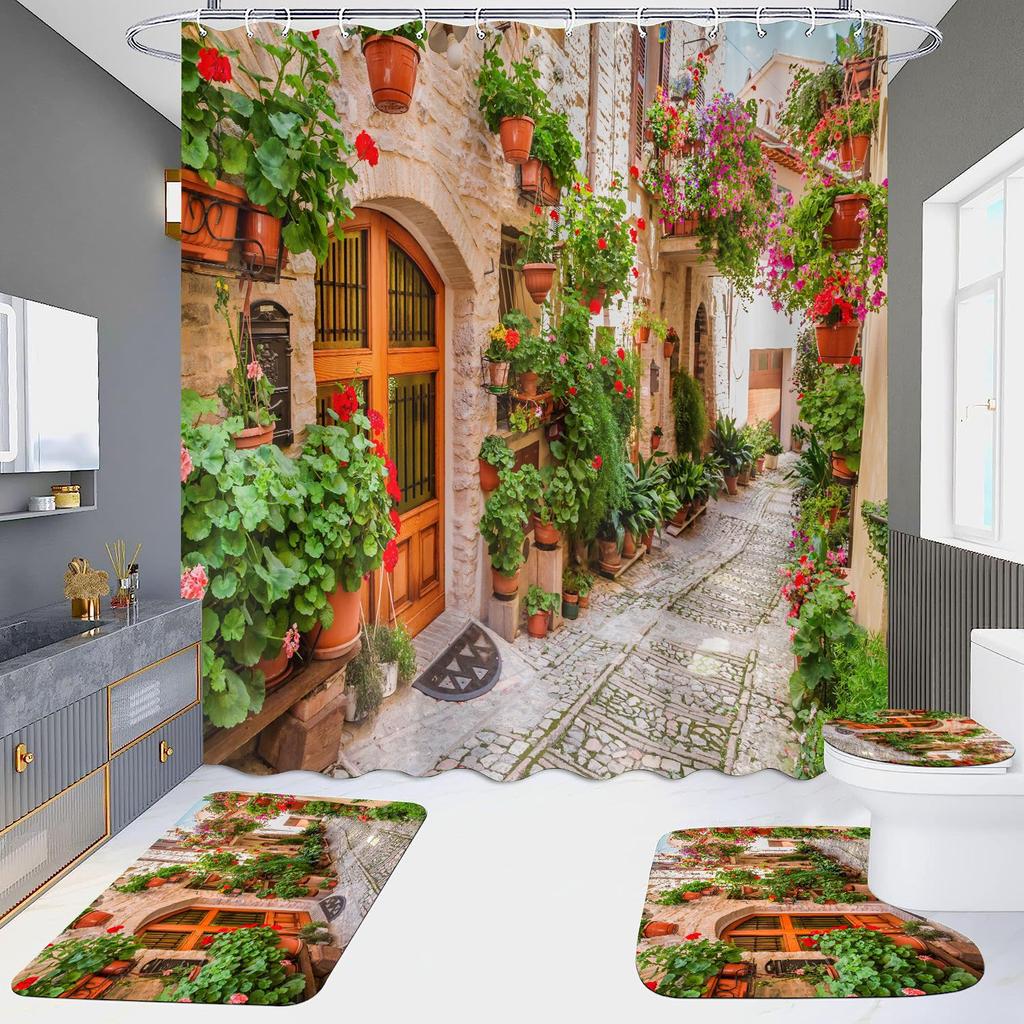 4 шт., наборы занавесок для душа в европейском стиле с архитектурой замка Мандала для ванной комнаты, нескользящие коврики для ванной комнаты, крышка для унитаза, коврик для ванной