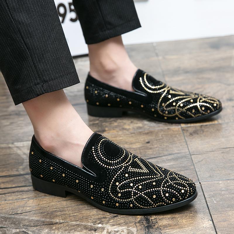 Black Rhinestone Men Dress Shoes Velvet Crystal Luxury Moccasins Men's Loafers Office Business Man Footwear Zapatillas Hombre