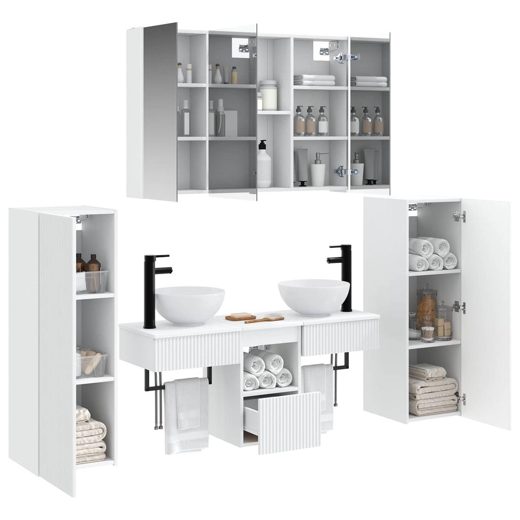 6 Piece Bathroom Furniture Set White Engineered Wood and Glass
