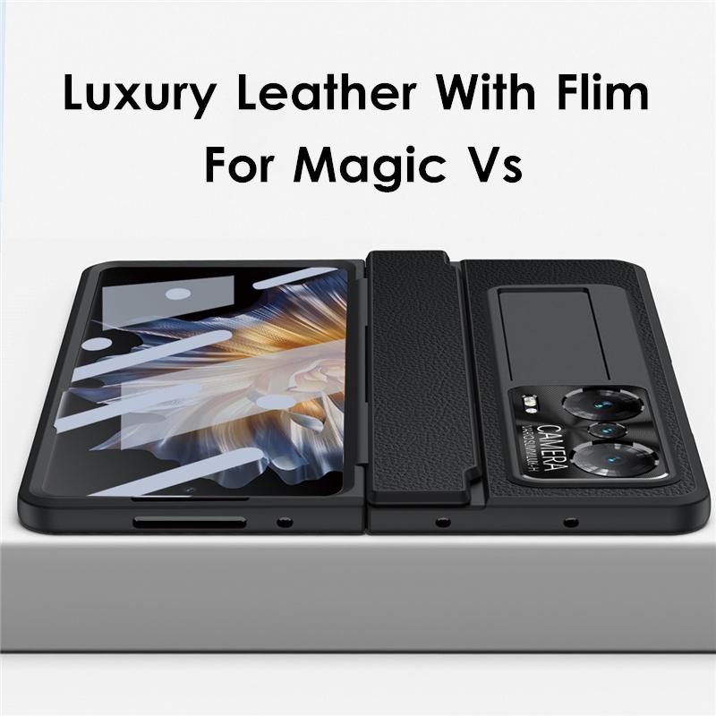 For Honor Magic Vs Case Plating Leather Hinge Pen Holder Hard Bracket Cover For Magic Vs Funda With Glass Flim