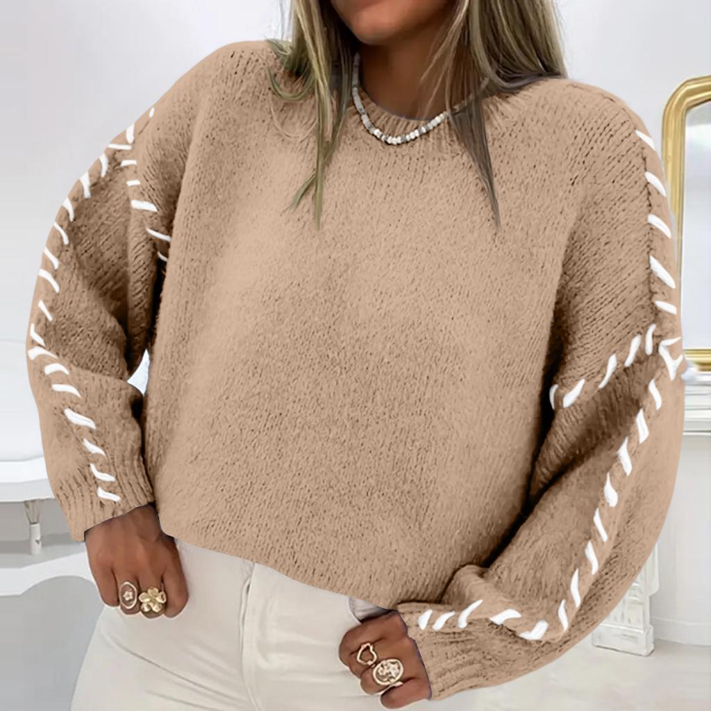 Ladies' Color Blocking Loose Casual Round Neck Knitted Sweater Long Sleeved Sweater Top