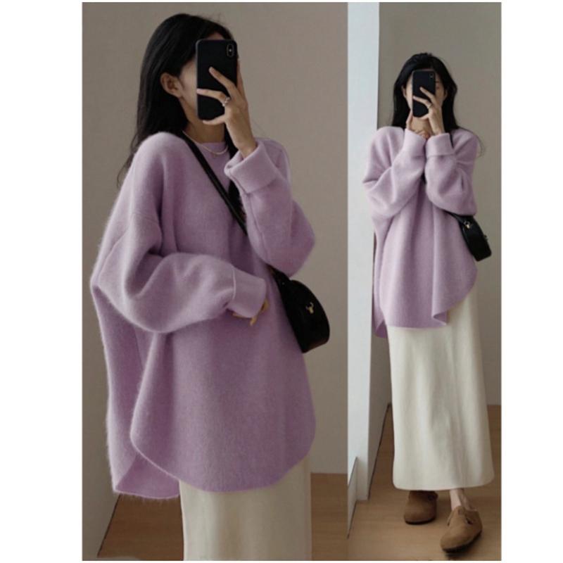 Женский осенне-зимний длинный пуловер, свитер с круглым вырезом и длинными рукавами, свободная вязаная нижняя рубашка, однотонный топ