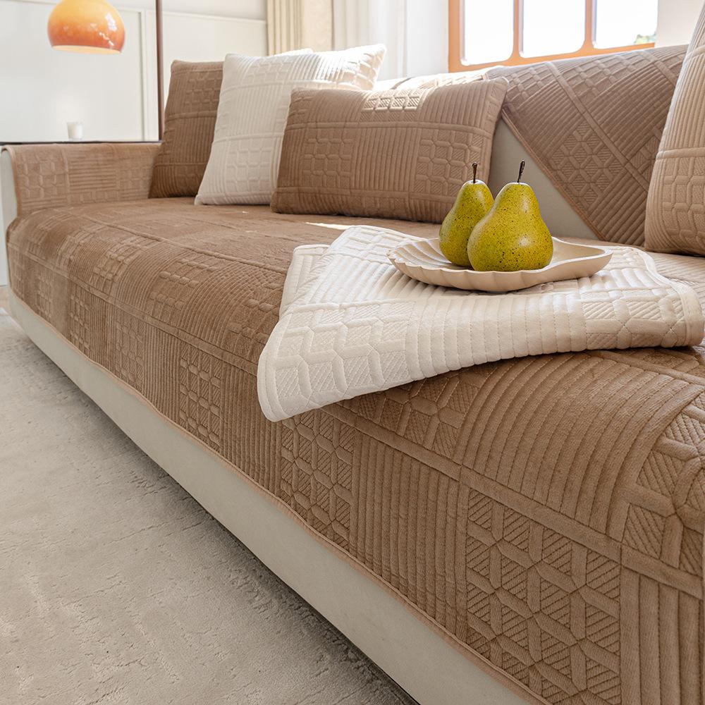 Nordic Simple Solid Color Modern Plush Sofa Cushion Four Seasons Universal Embroidery Non-Slip Seat Cushion Dutch Velvet Sofa Cover Towel