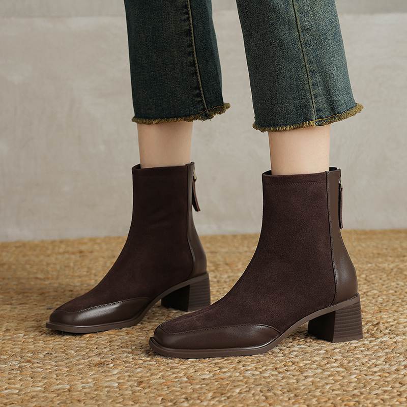 Krazing Pot Cow Suede Nubuck Autumn Winter Shoes Thick Heels Size 42 Square Toe Zipper Vintage Ankle Boots