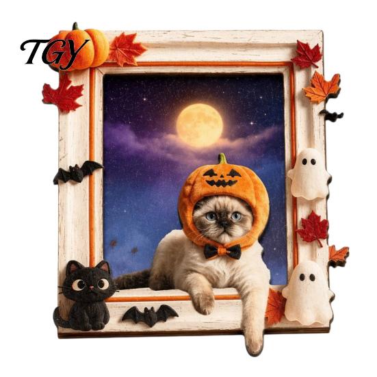 Kitchen Decor Magnet Cat Ghost Frame Fridge for Halloween, Retro Wooden Decoration Refrigerator Magnet, Accessories, Party Favors Halloween
