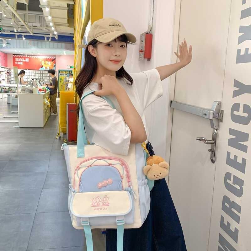 Trendy Canvas Shoulder Bag Cute Color Block Handbag Lightweight Waterproof