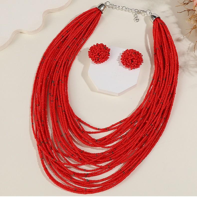 Богемный Многослойный Набор Серьги-Ожерелье из Рисового Бисера Ретро Этнический Стиль Цепочка на Свитер Женские Многослойные Украшения