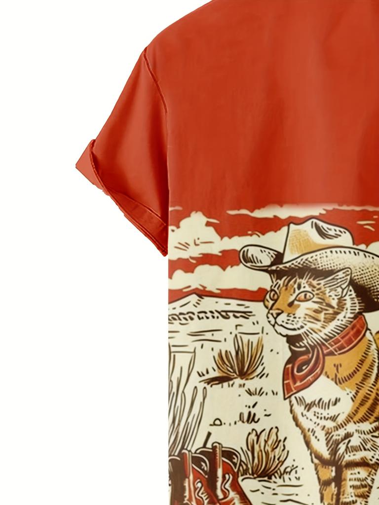 Western Cowboy Cat Vintage Pattern 3D Printed Men's Casual Shirt, Hip-Hop Rock Streetwear Hawaiian Shirt