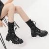 Черные лакированные женские туфли на платформе 2024 года, новые модные женские сапоги до середины голени с круглым носком, повседневные вязаные короткие сапоги на шнуровке