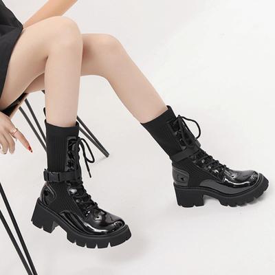 Черные лакированные женские туфли на платформе 2024 года, новые модные женские сапоги до середины голени с круглым носком, повседневные вязаные короткие сапоги на шнуровке