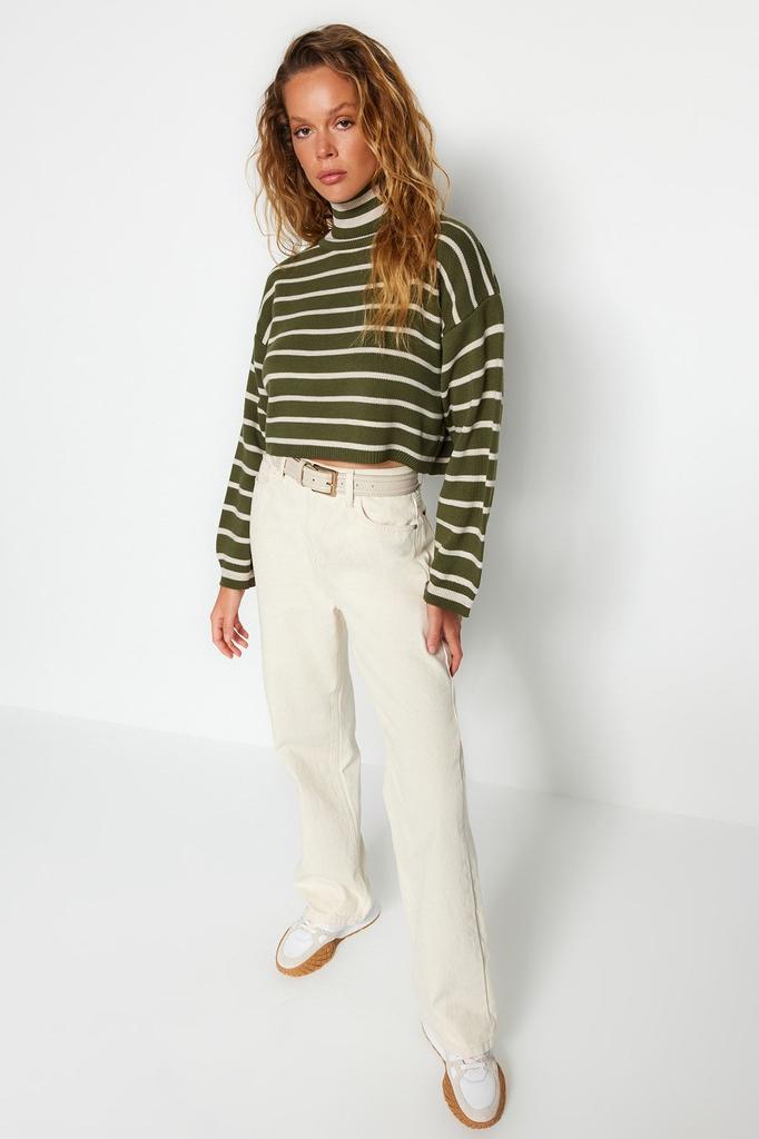 Женский свитер в элегантном стиле цвета хаки, укороченный трикотаж в полоску, свитер