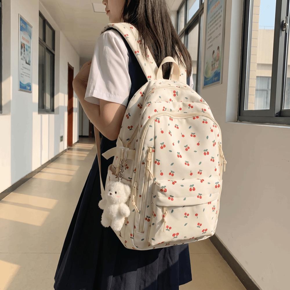 Large Capacity Bow Pattern School Bag Multi-compartment Rucksack Floral Print Backpack Travel