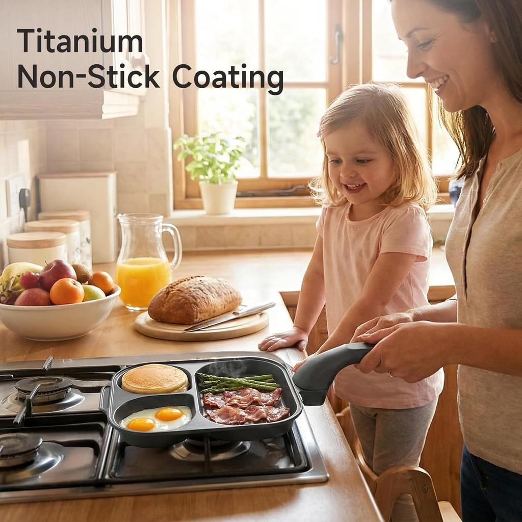 Titanium Nonstick Egg Frying Pan,3-in-1 Divided Breakfast Omelette Egg Pan, for Pancake, Bacon,Healthy