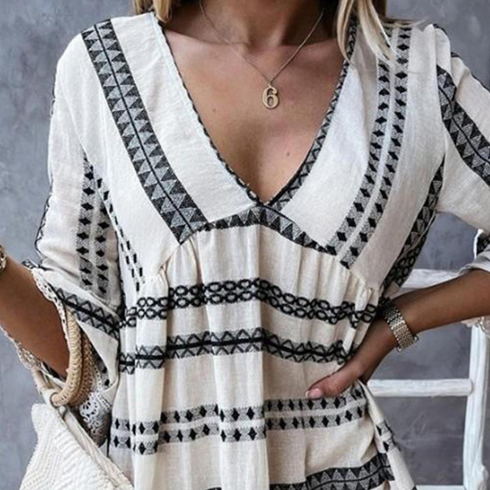 Женское богемное платье трапециевидной формы с рукавами 3/4 и V-образным вырезом, праздничный пляжный сарафан