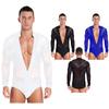 Mens Latin Dance Leotard Deep V Neck Sheer Mesh Patchwork Sequined Tassels Rhinestones Stage Bodysuit