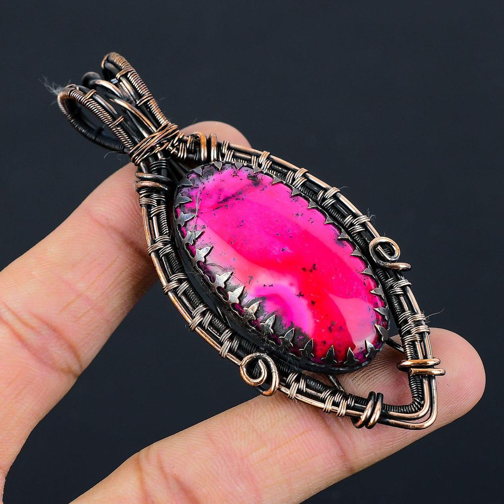 Pretty Pink Dendrite Opal Gemstone Pure Copper Wire Wrapped Handmade Pendant Jewelry