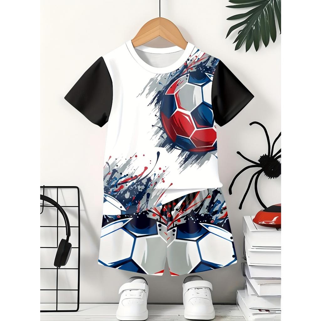Summer 2025 fashion and casual 3D printed football pattern polyester breathable and lightweight children's set