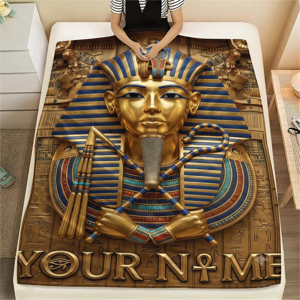 1PC Custom Name Golden Egyptian Pharaoh Patterned Flannel Blanket Suitable For All Seasons for Home Decor Warmth and Comfort Gifts Holiday Present_lx