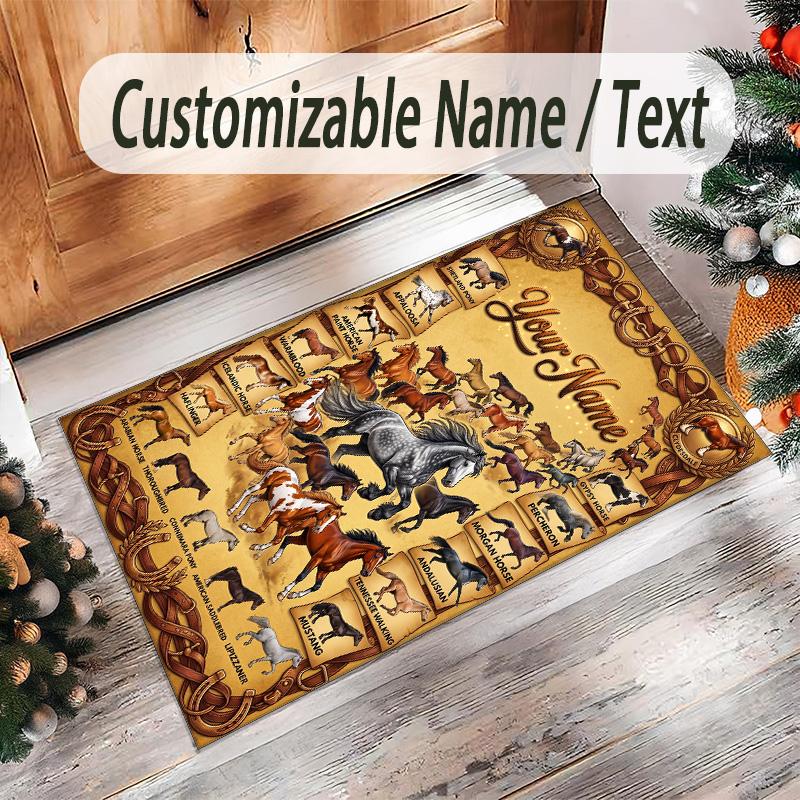 Horse Theme Crystal Velvet Floor Rug Personalized Custom Name Text Warm Carpet Home Decoration