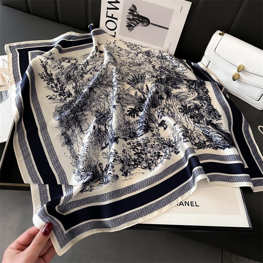2024 Новый квадратный шарф с имитацией шелкового принта, роскошный бренд, тонкий дышащий шейный платок, солнцезащитный платок в стиле бохо для женщин