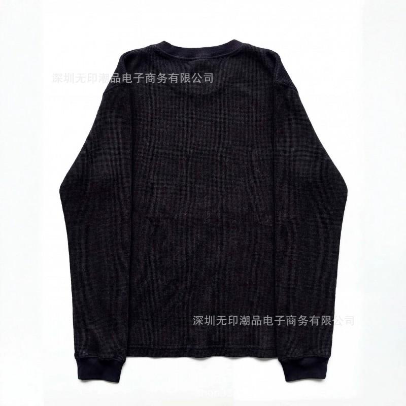 American Vintage Distressed Flag Doll Print Waffle Knit Long Sleeve Black Top Streetwear Base Layer