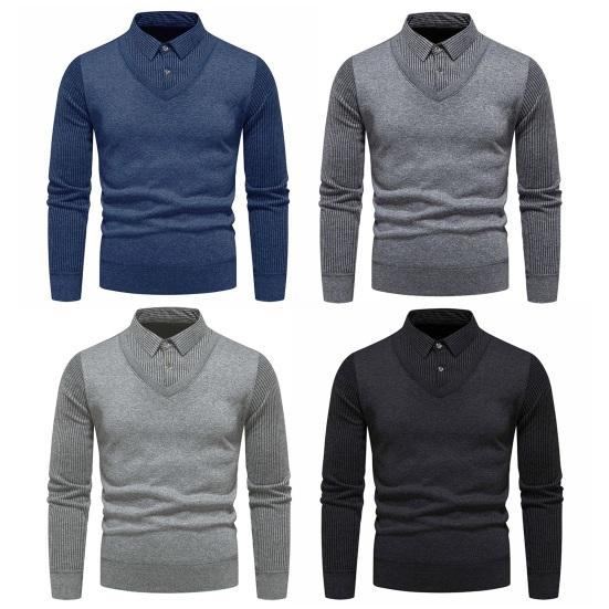 Мужской осенне-зимний свитер, искусственный двухсекционный пуловер с длинными рукавами и лацканами, полосатый пуловер, вязаный приталенный мягкий теплый эластичный мужской свитер в деловом стиле