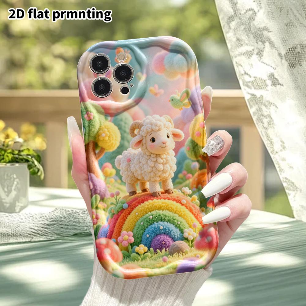Phone case: 2D flat, suitable for iPhone 18, 17, 16, 15, 14, 13, 12 Pro protective case, rainbow hillside little sheep, perfect Christmas and Hallowee