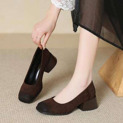 Мода 2024 Лето Женские Туфли на Каблуке Мягкая Кожа Комфорт Золушка Вечеринка Элегантное Формальное Платье Винтажные Коричневые Туфли с Квадратным Носком