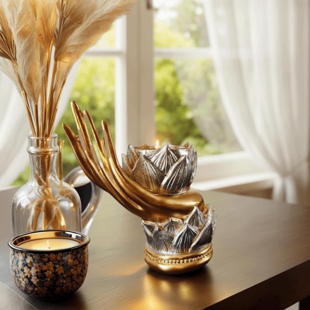 Resin Hand Shape Lotus Candle Holder Vintage Carved Fairy Candle Cup Home Decor