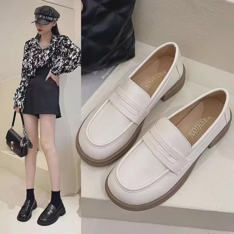 2023 Women's Beige Retro Round-Head Loafers - Thick Sole, Versatile British Style
