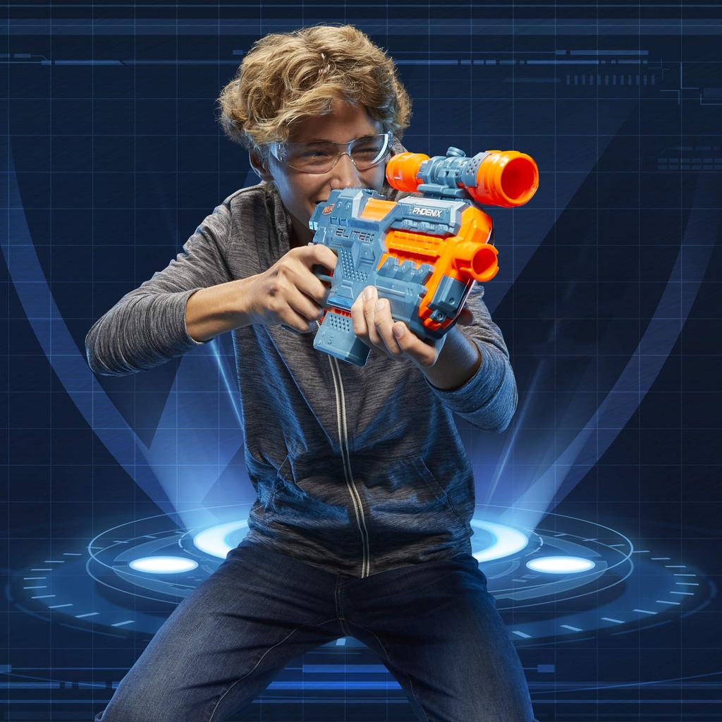 Электрический бластер Nerf Elite 2.0 Phoenix CS-6 с 12 официальными дротиками, обоймой для дротиков, съемным прицелом, тактической планкой и насадками на ствол/приклад (E9961).