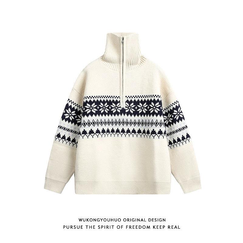 Мужской рождественский кардиган-свитер с жаккардовым узором Fair Isle, с молнией до середины и воротником-стойкой