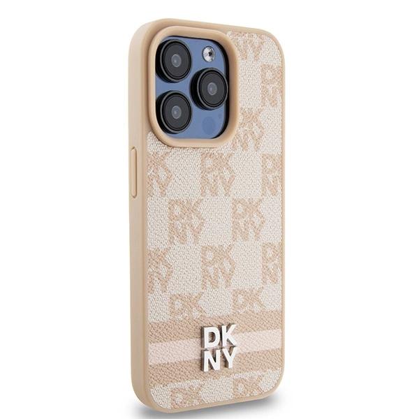 Dkny Leather Checkered Mono Pattern & Printed Stripes Case For Iphone 15 Pro Max - Pink
