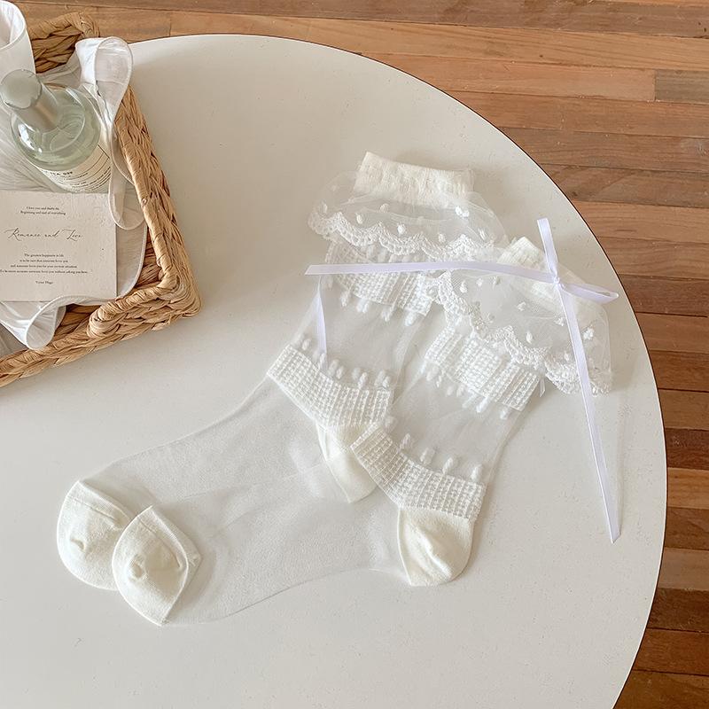 3-6pcs Glass Stockings Children's Spring and Summer Thin Lace Lace Lace Mid Tube Socks Sweet Bow Polka Dots