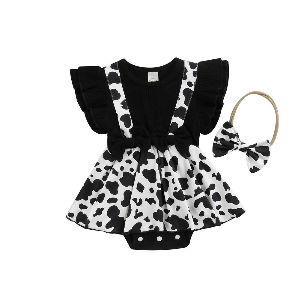 Летний комбинезон для маленьких девочек, платье с рюшами на рукавах и цветочным принтом, лоскутное боди + повязка на голову с бантом