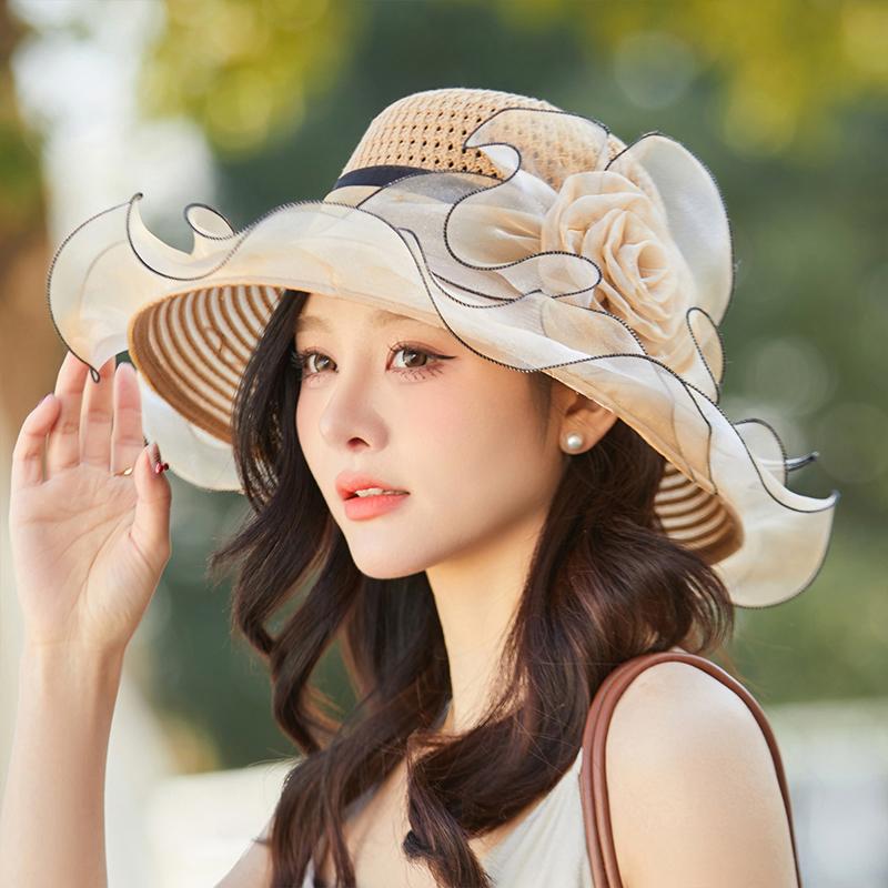 Elegant Summer Women'S Sun Hat Breathable Organdy Material Foldable Design Top Flower Organza Wide Brim Ruffled Beach Hat