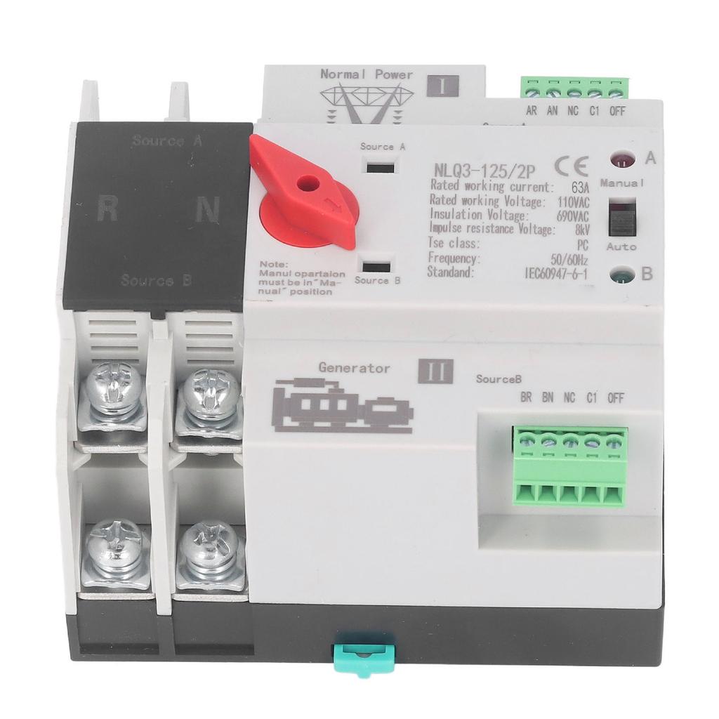 2P Dual Power Automatic Transfer Switch Generator Transfer Changeover Switch AC110V 50Hz 60Hz 63A
