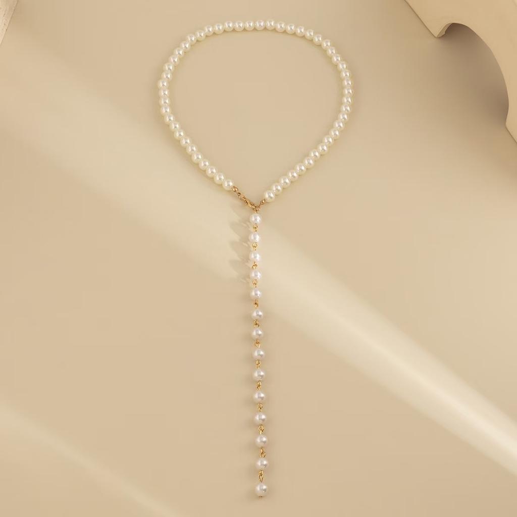 Classic Pearl Y-Shape Lariat Necklace for Women, Elegant Long Tassel Pendant for Bridal Wedding Party Jewelry